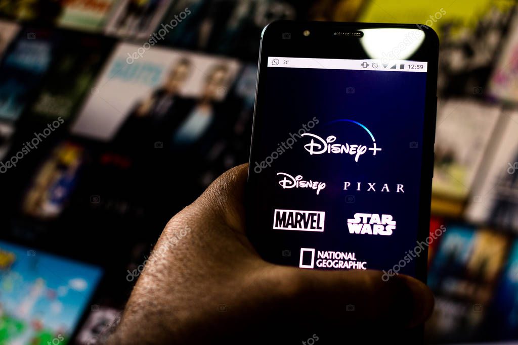 August 20, 2019, Brazil. In this photo illustration the Disney+ (Plus) logo is displayed on a smartphone.