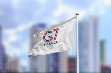 23 Ağustos 2019, Brezilya. Bu fotoğraf illüstrasyonda Yediler Grubu (G7) yakında bir bayrak üzerinde görünür