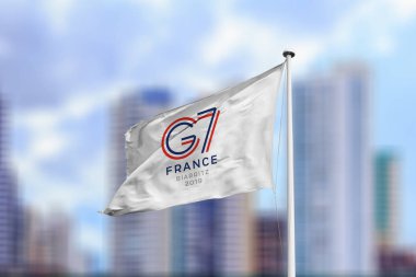 August 23, 2019, Brazil. In this photo illustration the Group of Seven (G7) soon appears on a flag clipart