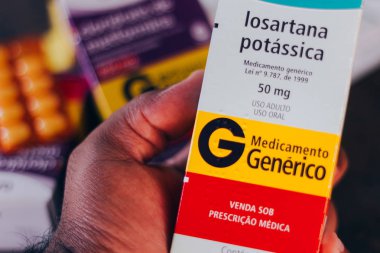 26 Ağustos 2019, Brezilya. Bu fotoğraf illüstrasyon Losartan potasyum ilaç (jenerik) Brezilya Sanofi Medley İlaç tarafından pazarlanan