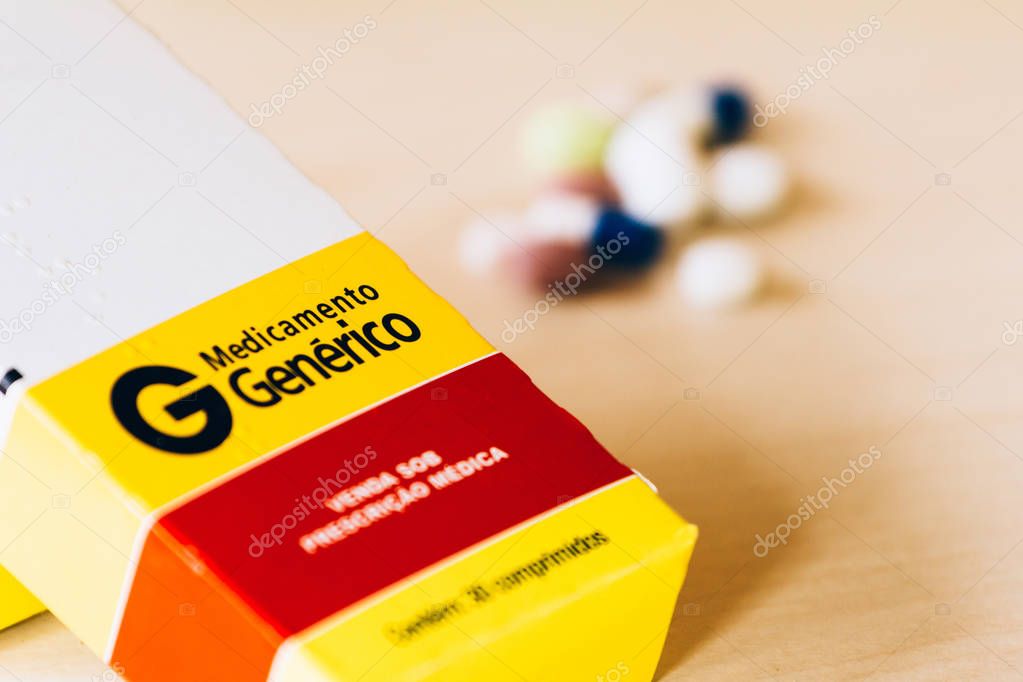 In this photo illustration generic medicine marketed in Brazil. Selective focus