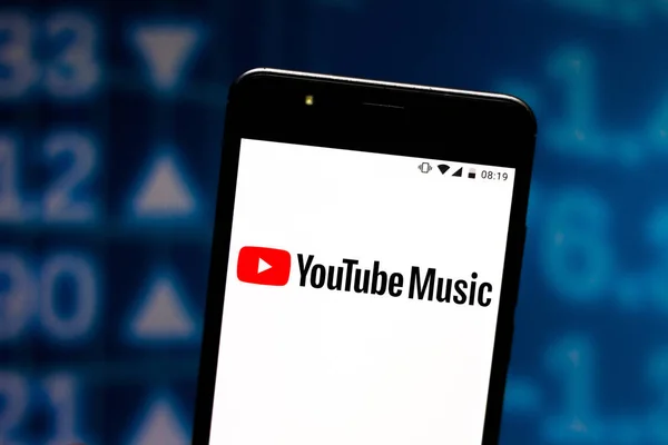 September 08, 2019, Brazil. In this photo illustration the YouTube Music logo is displayed on a smartphone — Stock Photo, Image