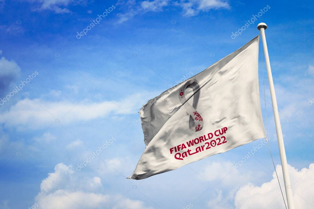 September 09, 2019, Brazil. In this photo illustration the FIFA World Cup Qatar 2022 soon appears on a flag.
