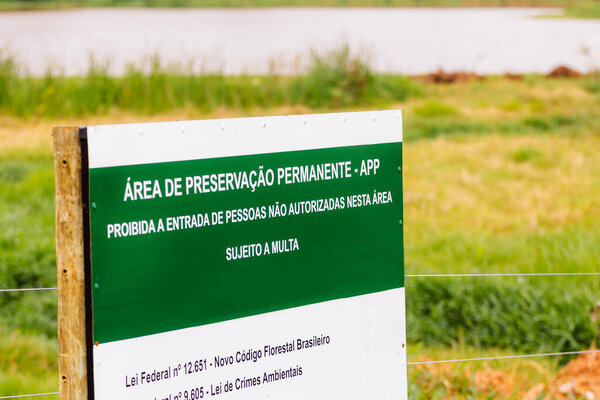 October 4, 2019, Brazil. Permanent Preservation Area Sign - APP - Site protected by law for the preservation of water resources and biodiversity - Concept and Ecology - Pantanal - Amazonia