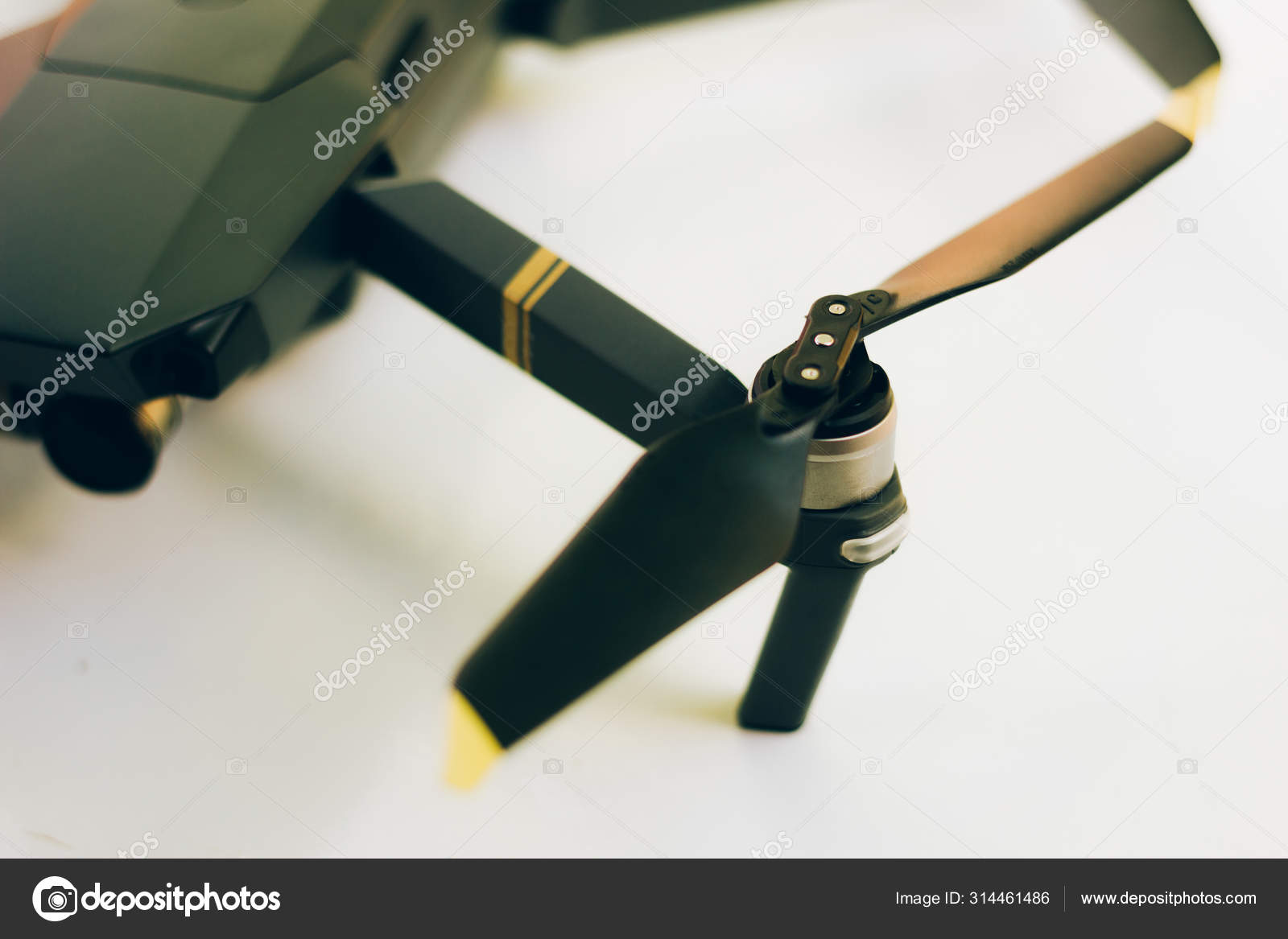 Mounted drone foot and propeller Equipment ready to fly Stock Photo