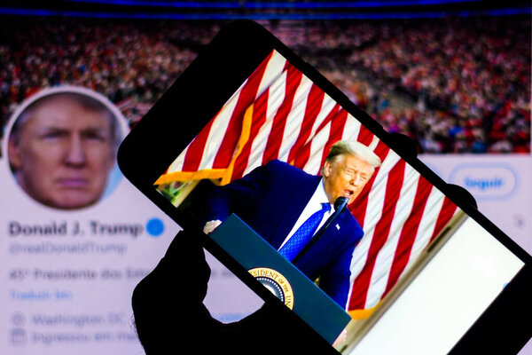 June 5, 2020, Brazil. In this photo illustration speech by Donald Trump, President of the United States, on the smartphone. In the background, Trump's official Twitter page.