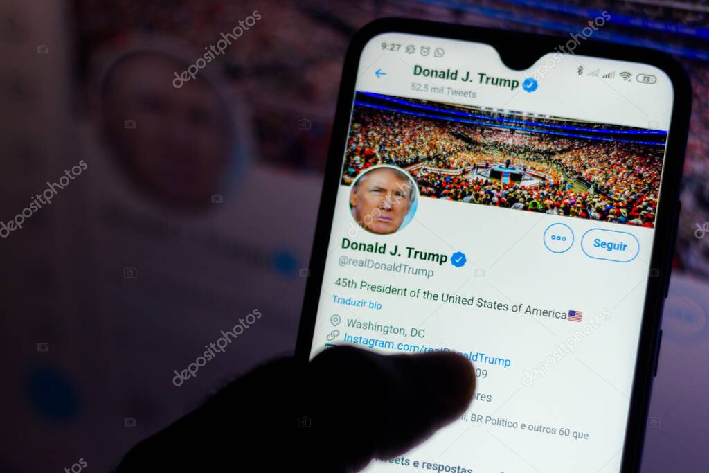 June 5, 2020, Brazil. In this photo illustration the official page of the President of the United States, Donald Trump, on Twitter seen displayed on a smartphone. Platform may suspend account of the American politician.
