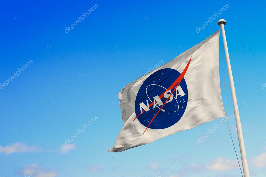 June 21, 2020, Brazil. In this photo illustration the National Aeronautics and Space Administration (NASA) soon appears on a flag
