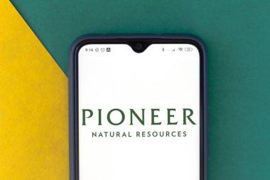 29 Haziran 2020, Brezilya. Bu resimde Pioneer Doğal Kaynaklar Şirketi logosu bir akıllı telefonda sergileniyor.