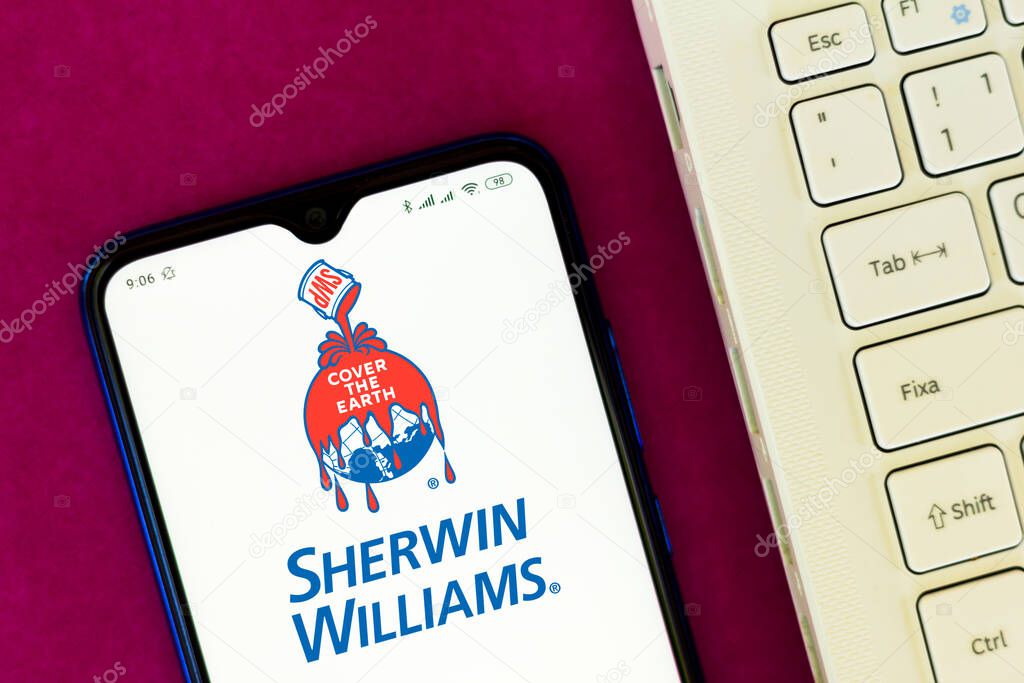 July 3, 2020, Brazil. In this photo illustration the Sherwin-Williams Company logo seen displayed on a smartphone