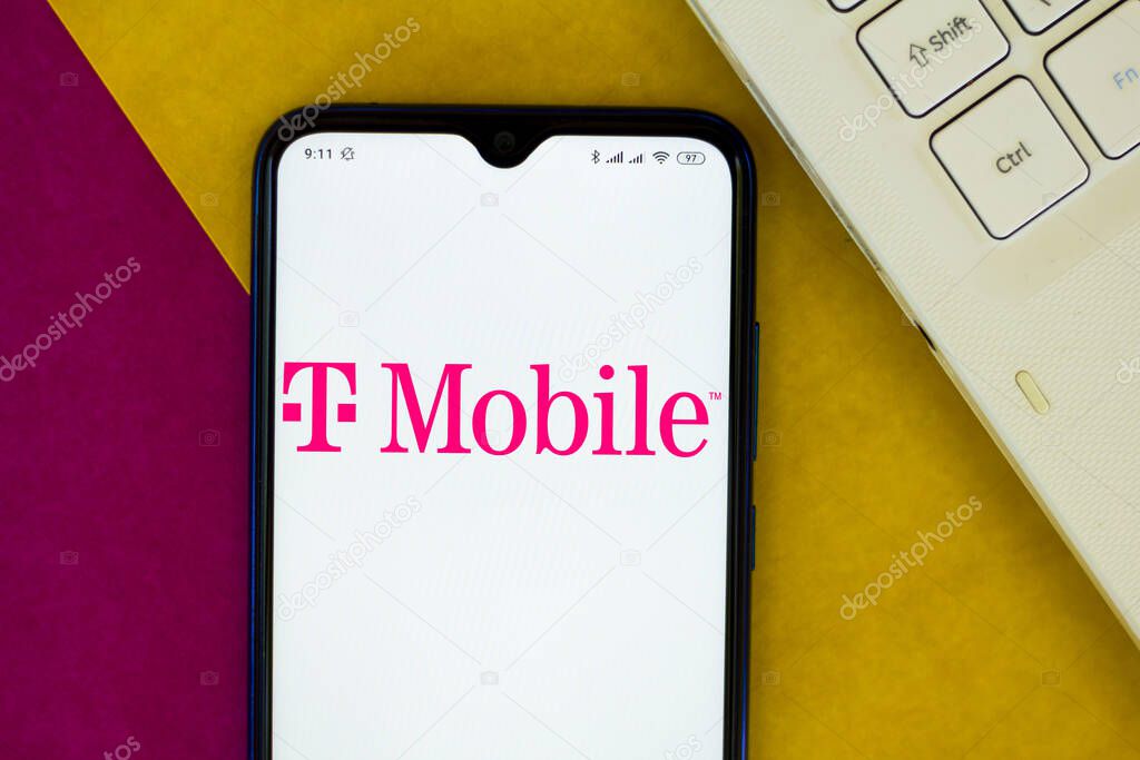 July 3, 2020, Brazil. In this photo illustration the T-Mobile US logo seen displayed on a smartphone