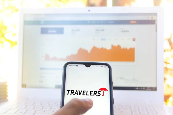 Julho 2020 Brasil Nesta Foto Ilustração Logotipo Travelers Companies Visto — Fotografia de Stock
