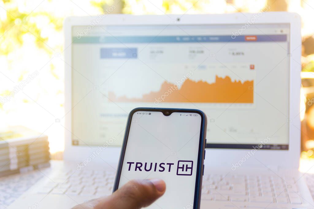 July 3, 2020, Brazil. In this photo illustration the Truist Financial Corporation logo seen displayed on a smartphone