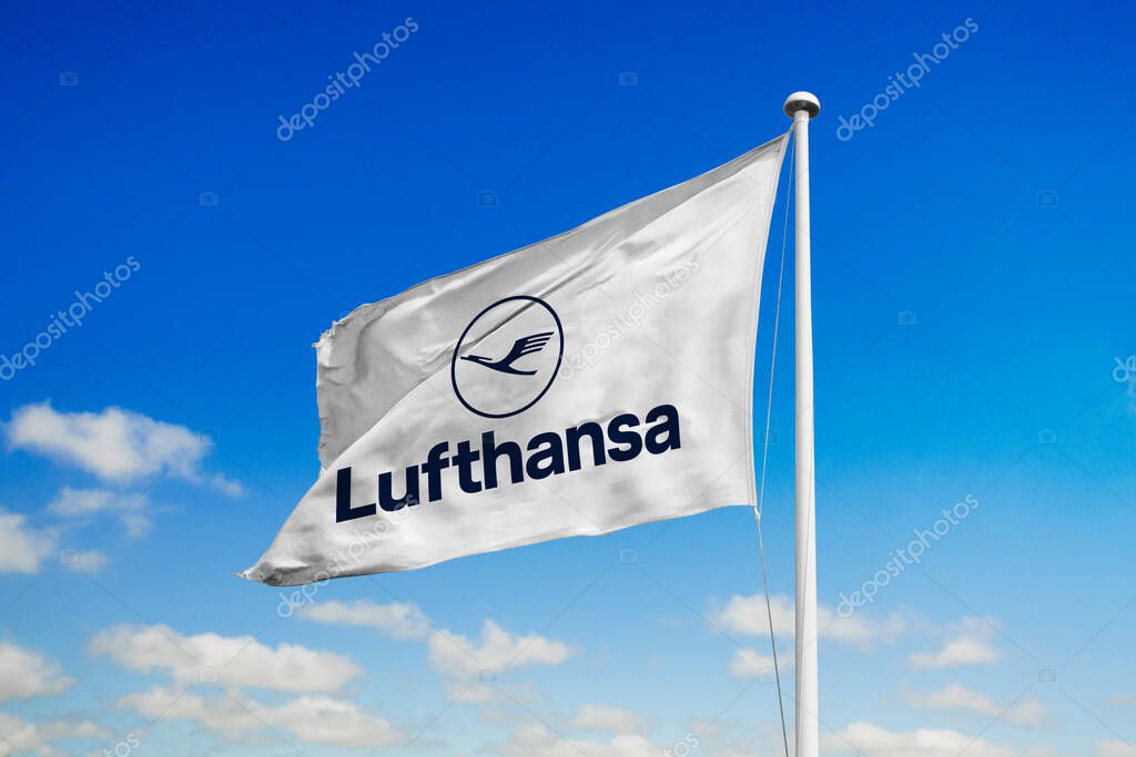 July 6, 2020, Brazil. In this photo illustration the Deutsche Lufthansa AG logo appears on a flag