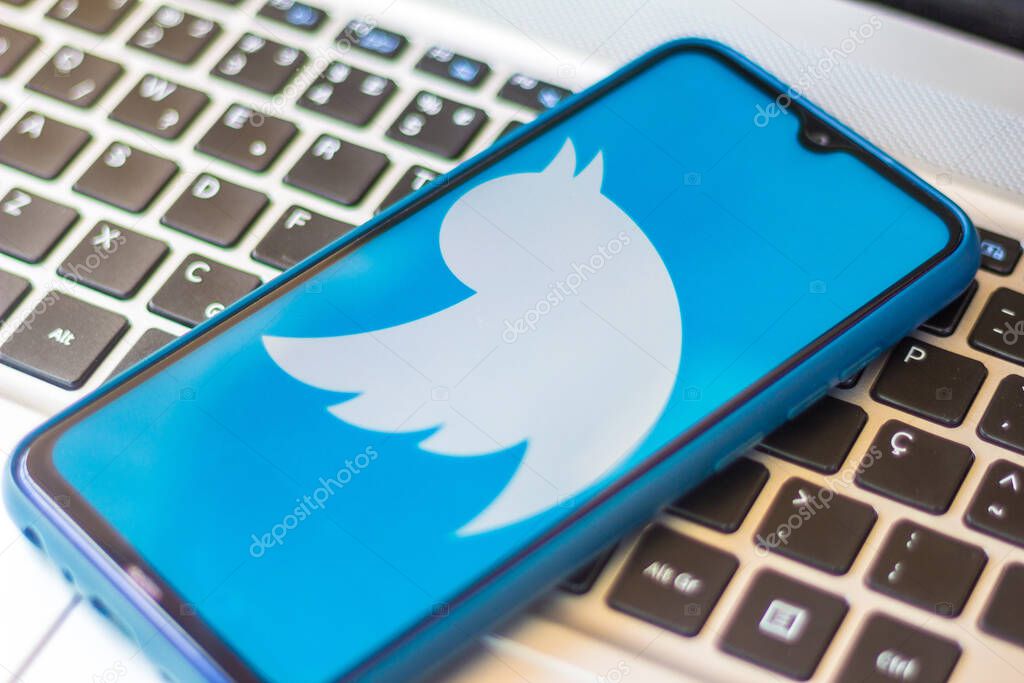 July 11, 2020, Brazil. In this photo illustration the Twitter logo seen displayed on a smartphone
