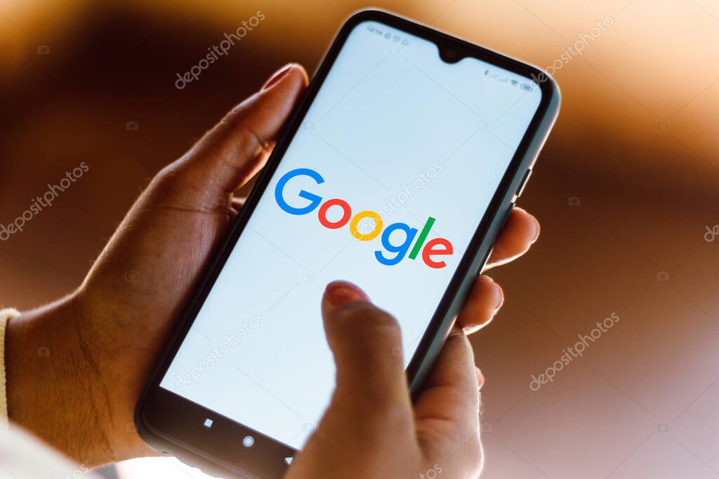 July 13, 2020, Brazil. In this photo illustration the Google logo seen displayed on a smartphone