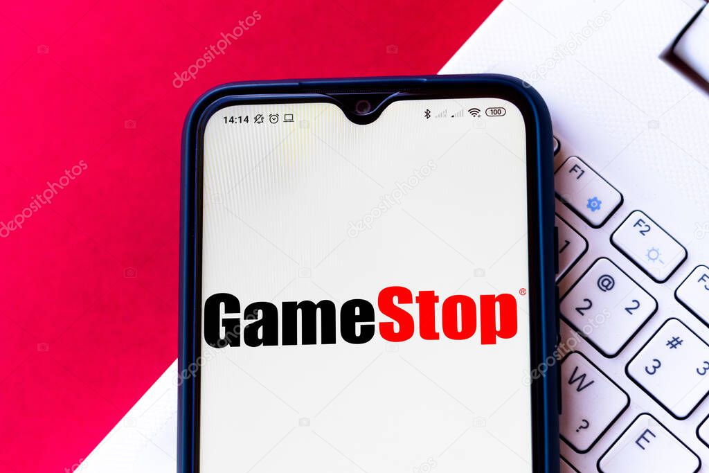 July 16, 2020, Brazil. In this photo illustration the GameStop logo seen displayed on a smartphone