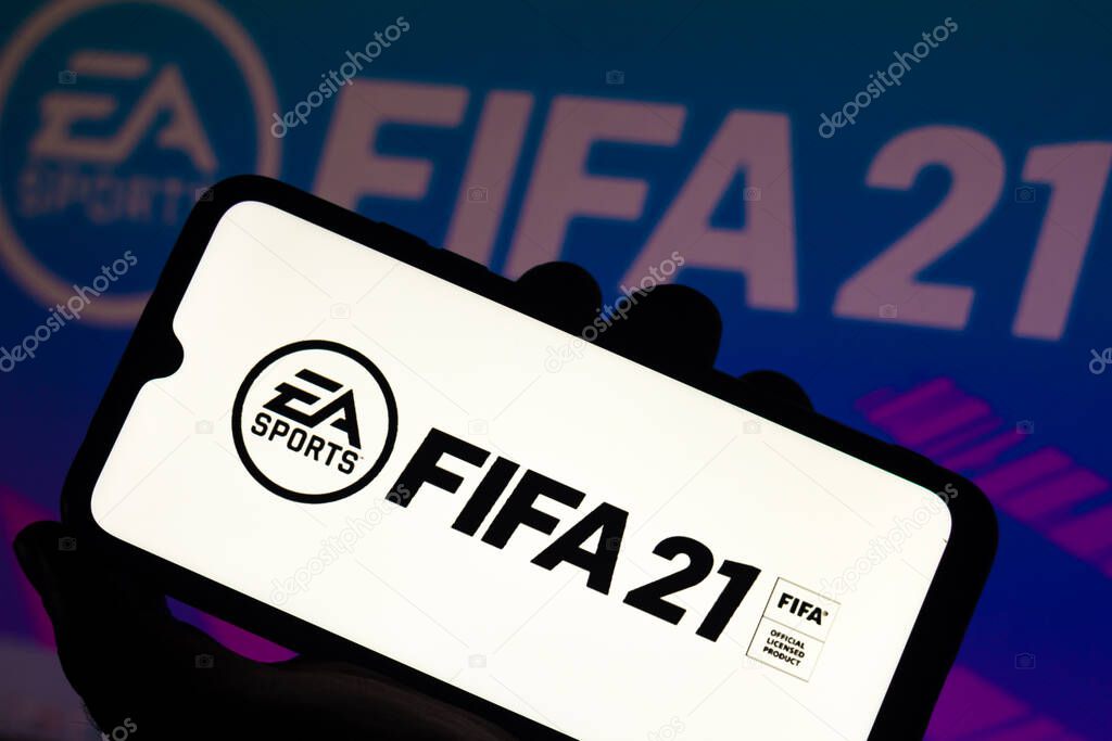 August 13, 2020, Brazil. In this photo illustration the FIFA 21 logo is displayed on a smartphone