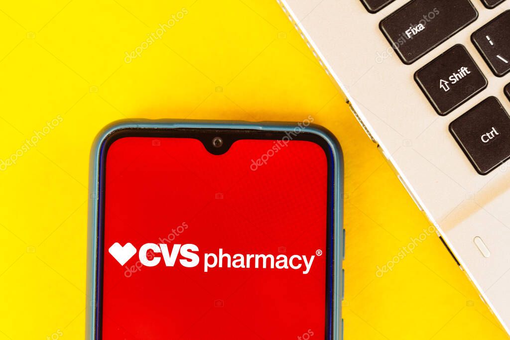 August 14, 2020, Brazil. In this photo illustration the CVS Pharmacy logo seen displayed on a smartphone