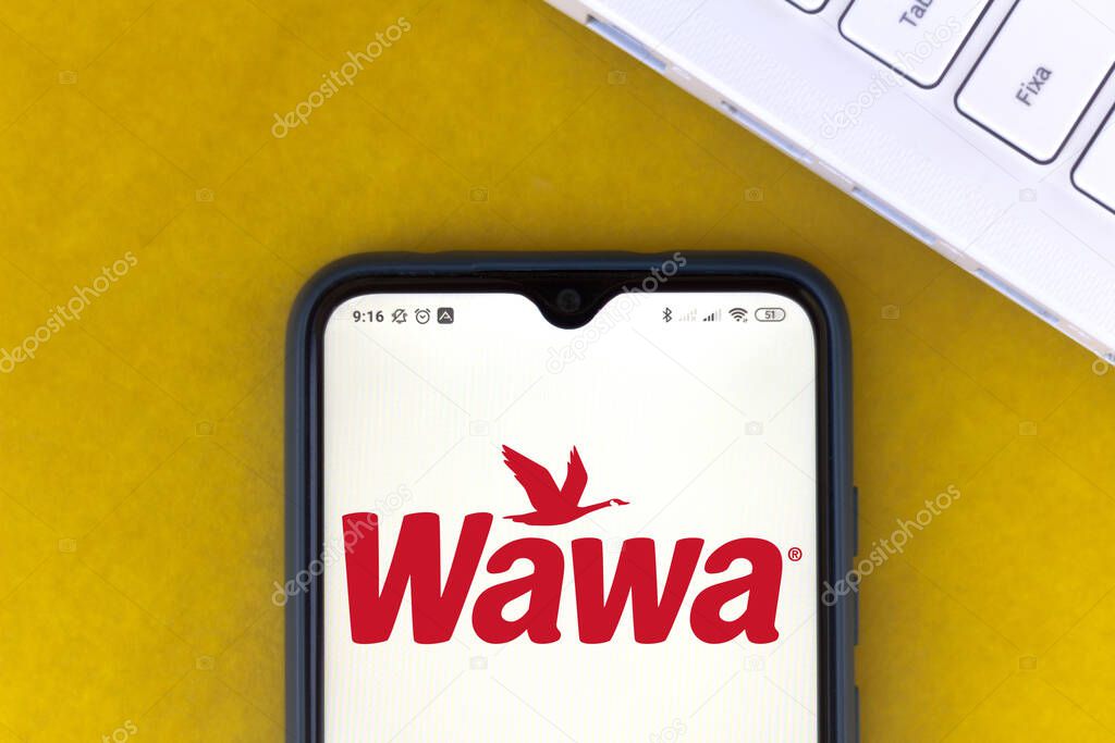 August 16, 2020, Brazil. In this photo illustration the Wawa logo seen displayed on a smartphone