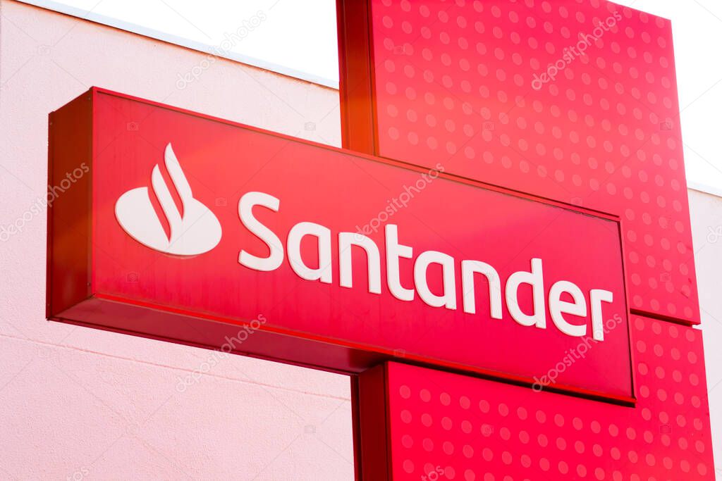 September 11, 2020, Brazil. The Santander bank logo at one of its bank branches in Dourados, Mato Grosso do Sul, Brazil