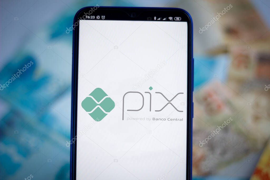 October 1, 2020, Brazil. In this photo illustration the Pix powered by Banco Central logo seen displayed on a smartphone. It is an electronic payment system in Brazil