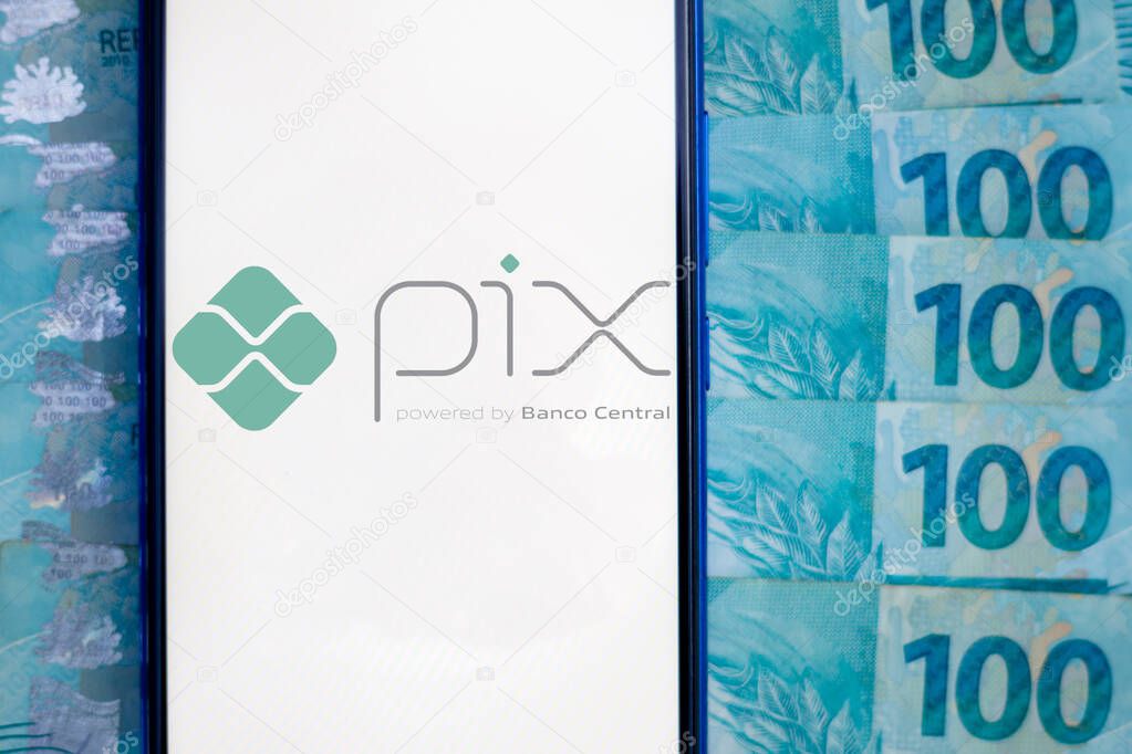October 1, 2020, Brazil. In this photo illustration the Pix powered by Banco Central logo seen displayed on a smartphone. It is an electronic payment system in Brazil