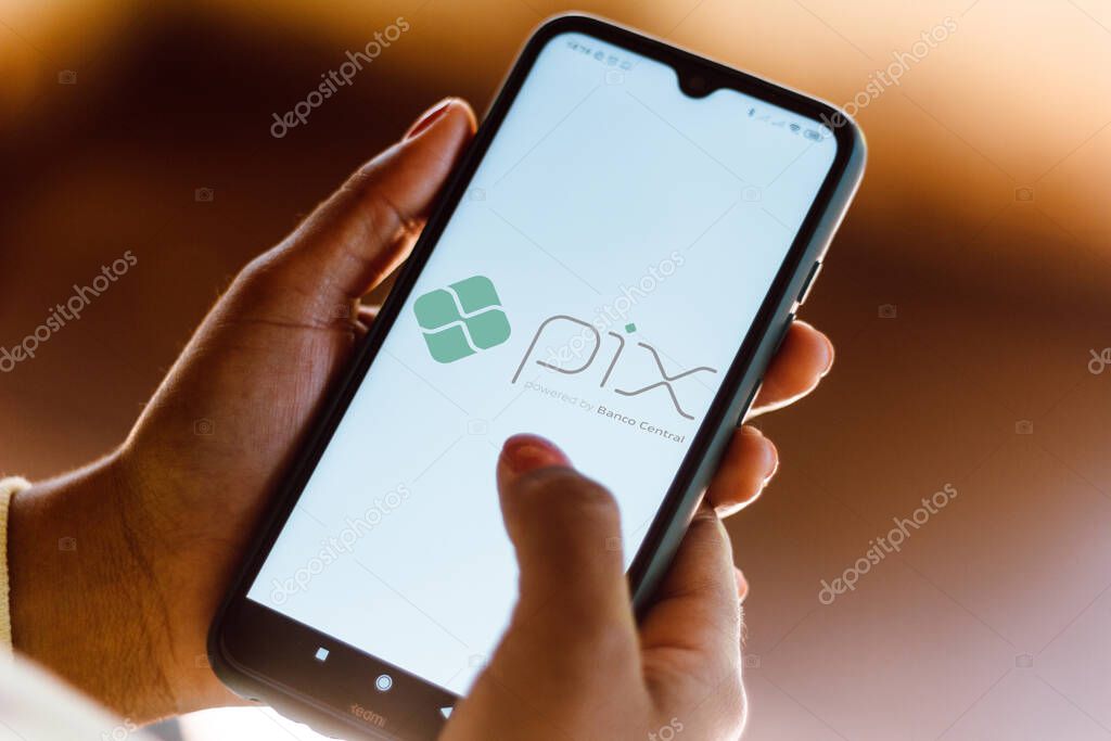 October 9, 2020, Brazil. In this photo illustration the Pix powered by Banco Central logo seen displayed on a smartphone