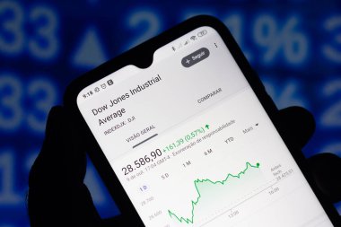 11 Ekim 2020, Brezilya. Bu resimde Dow Jones Endüstriyel Endüstriyel Endüstriyel Endeks indeksi akıllı telefonlarda gösteriliyor.