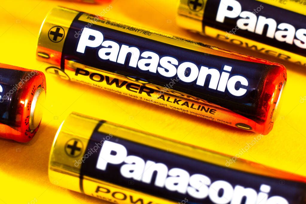 October 10, 2020, Brazil. In this photo illustration several alkaline batteries from Panasonic. It is a Japanese electronics manufacturer