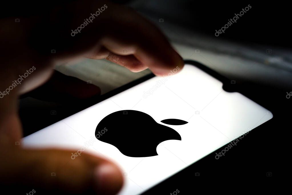 October 17, 2020, Brazil. In this photo illustration the Apple logo seen displayed on a smartphone