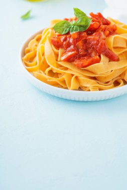 Ev yapımı İtalyan makarna domates sosu ve kırmızı biber ile. Fesleğen ile servis. Kopya alanı.