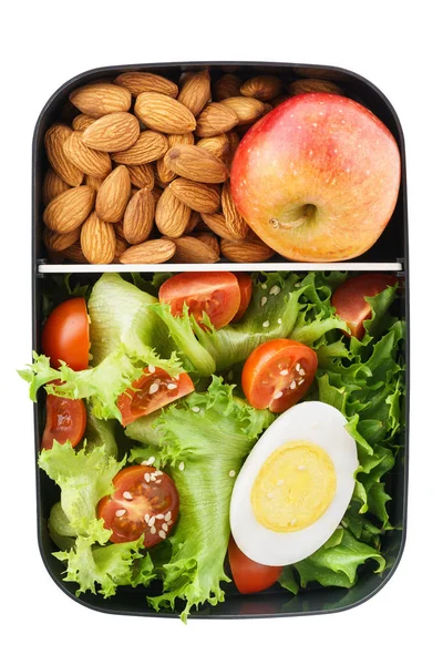 Boîte à lunch végétarienne saine avec salade, noix et pomme. Isoler — Photo