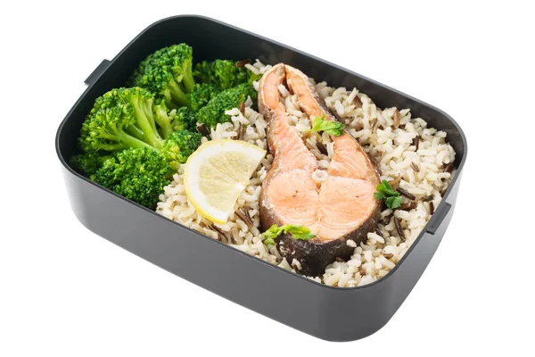 Gezonde Lunchbox met bruine rijst, broccoli en zalm. — Stockfoto