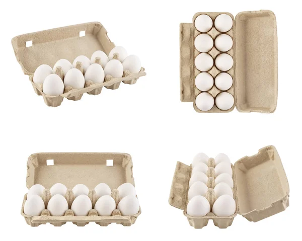 Farklı açılardan çekilen tam yumurta kartonları seti. Izole. — Stok fotoğraf