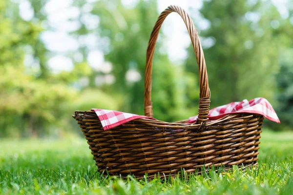 Empty wicker basket with red tablecloth on green grass in a park