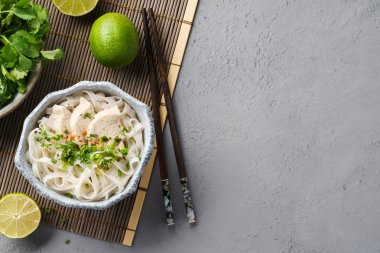 Tavuk, pirinç erişte ve otlar ile Vietnam çorbası Pho Ga.
