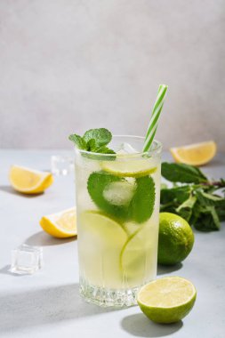 Bir bardak dilimlenmiş limon, limon ve nane ile soğuk limonata.