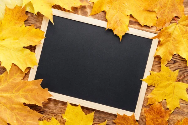 Gele esdoorn bladeren rond een schoolbord. Terug naar school concept. — Stockfoto