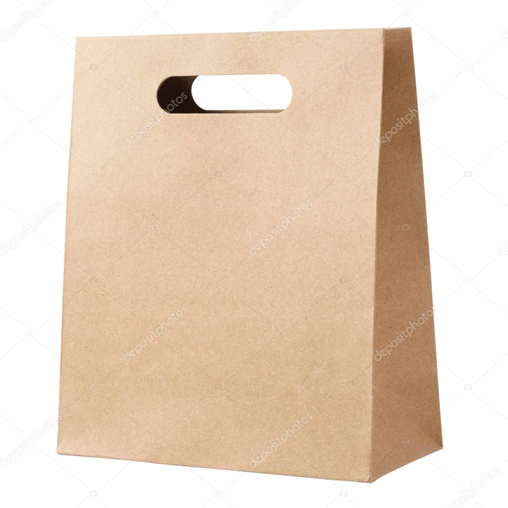 Kraft paper bag isolated on white background.