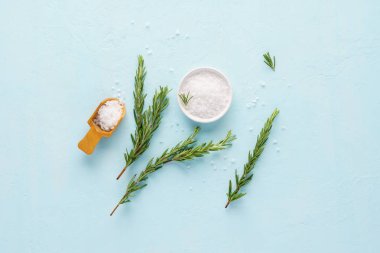 Açık mavi arka plan üzerinde kaba deniz tuzu ve taze biberiye.