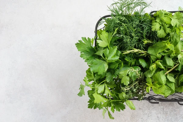 Cesta con una variedad de hierbas culinarias verdes frescas . —  Fotos de Stock