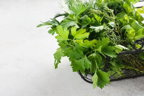 Cesta con una variedad de hierbas culinarias verdes frescas . —  Fotos de Stock