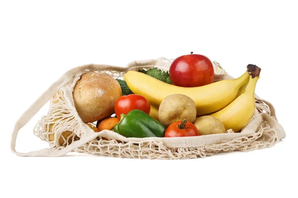 Reusable eco-friendly strip shopping bag full of various food. — Stock Photo, Image