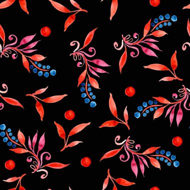 suluboya çiçek Dikişsiz desen bırakır ve siyah arka plan, çizilmiş illüstrasyon kırmızı ve mavi renklerde çilek