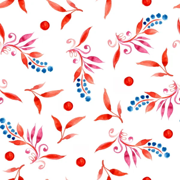 花卉水彩画无缝图案与叶子和浆果在红色和蓝色在白色背景上 手绘插图 — 图库照片