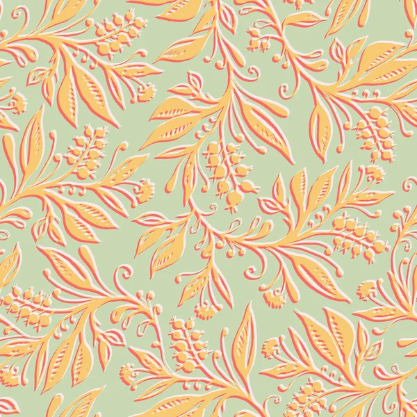 Motif Floral Sans Couture Avec Des Feuilles Des Baies Dessiné — Image vectorielle