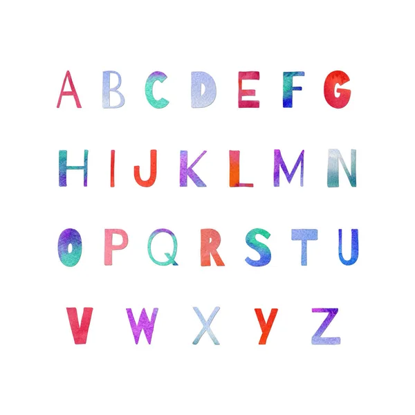 Ręcznie Malowane Litery Alfabetu Akwarelowego Kolorze Fioletowym Niebieskim Różowym Kolaż — Zdjęcie stockowe