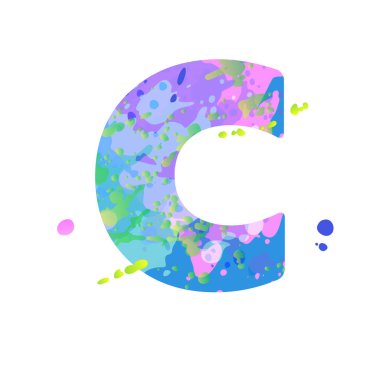 Kalın C harfi, mavi, yeşil ve pembe renkli sıvı boya lekeleri, beyaz arka planda izole edilmiş. Broşür, poster, takvim, kapak, başlık tasarımı için dekorasyon unsuru. Vektör EPS10