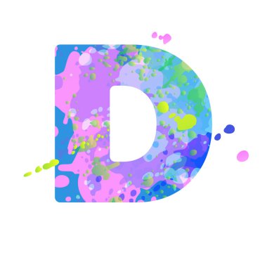 Mavi, yeşil, pembe renklerde, beyaz arkaplanda izole edilmiş sıvı boya izlerine sahip kalın D harfi. Broşür, poster, takvim, kapak, başlık tasarımı için dekorasyon unsuru. Vektör EPS10